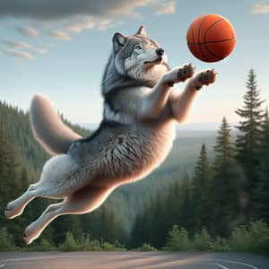 Grey Wolf Three-Pointer Basketball Shot in Scenic Forest