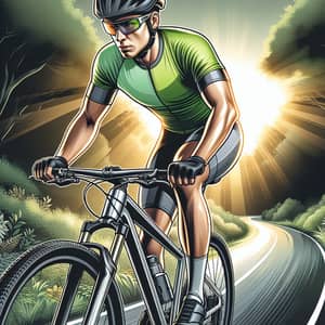 Athletic Cyclist in Green Jersey Riding Silver Mountain Bike