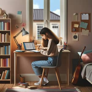 Teen Girl Studying in Colorful Room with Desk Lamp, Laptop, and Guitar