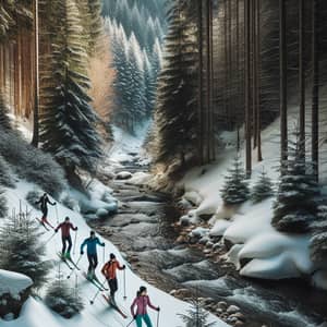 Tranquil Winter Skiing Adventure in Pine Forest by River