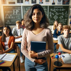 Diverse Classroom Scene: Hispanic Female Student Presenting Physics