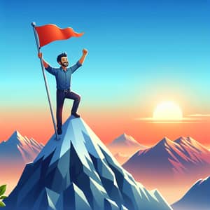 Triumphant Victory: Man Reaches Mountaintop Flag | Sunrise Scene