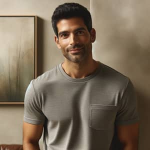 Joyful Hispanic Man in Casual Attire Standing Against Neutral Background