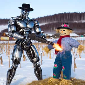 Robotic Terminator burns scarecrow in Russian folk attire at Maslenitsa