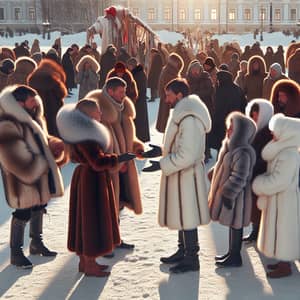 Forgiveness Scene on Snowy Plaza: Men in Fur Coats and Breeches, Women in Fur Coats and White Scarves