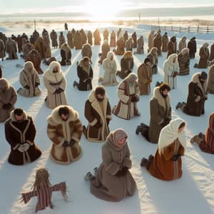 Forgiveness Gathering on Snowy Square | Diverse Scene in Traditional Attire