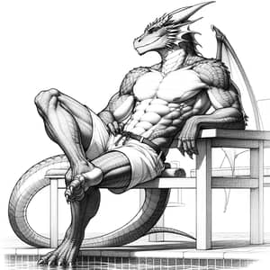 Dragon Demi-Human Poolside - Pencil Drawing Art