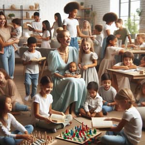 Heartwarming Family Scene: Mother Laughing with Diverse Kids