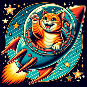 Vividly Orange Cat Embarks on Cosmic Journey aboard Retro Rocket Ship