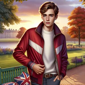 British Teenager Boy in Autumn Park at Sunset