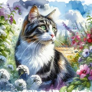 Detailed Watercolor Painting of Domestic Short-Haired Cat in Garden