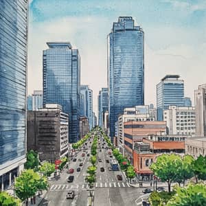 Vibrant Seoul Cityscape in Watercolor
