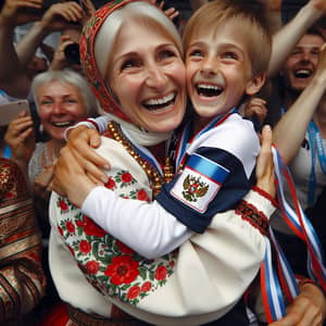 Russian Mother and Son Embrace in Victory Celebration