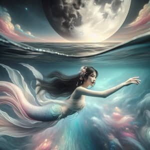 Ethereal Asian Mermaid Swimming in Moonlit Ocean