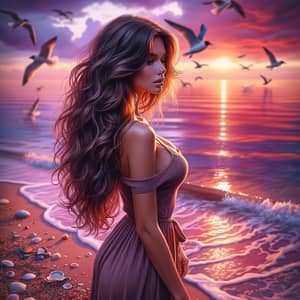 Beautiful Brunette Woman at Sunset Beach