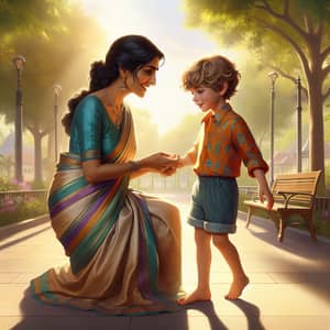 Joyful Outdoor Scene: South Asian Woman Teaching Caucasian Boy to Walk