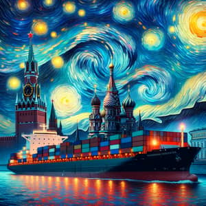 Container Ship Approaching Kremlin Under Starlit Sky