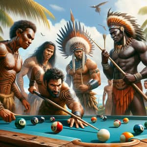 Multicultural Warriors Play Billiards on Tropical Island