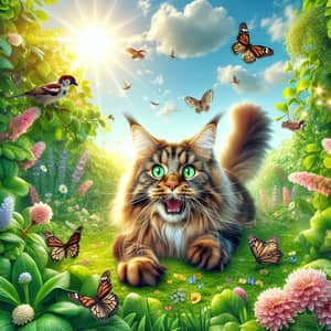 Playful Maine Coon Cat Chasing Butterflies in Garden