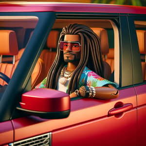 Light-Skinned Cartoon Guy in Red Range Rover Sport