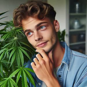 Young Caucasian Man Holding Plant with Serrated Leaves