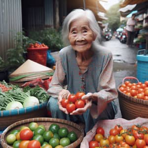 Elderly Vietnamese Woman Selling Tomatoes