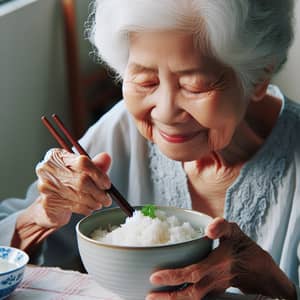 Elderly Vietnamese Woman Eating Bowl of Rice