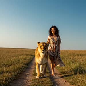 Embracing Nature: Kazakh Woman and Lioness Connection