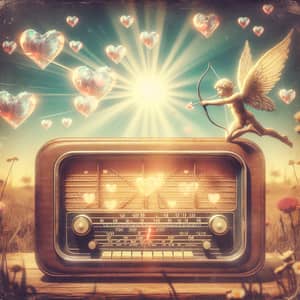 Vintage-Style Radio Emitting Love: Dream-Like Outdoor Scene