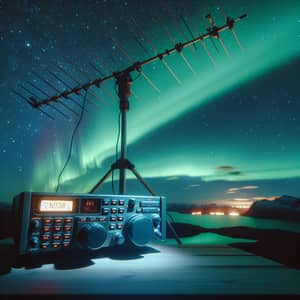 Ham Radio Transceiver Setup with Yagi Antenna under Aurora Borealis