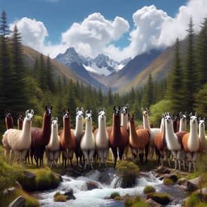 Llamas in Woodland Environment: Colorful Herd with Mountain Backdrop