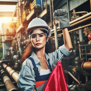 Powerful Worker in Heavy Industry with Red Flag