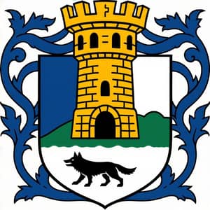 Family Crest with Tower and Wolf in Blue, White, Black