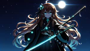 Bronze-Haired Anime Girl with Luminescent Cyan Katana