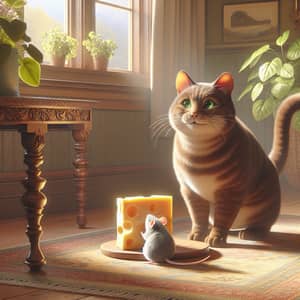 Realistic Cat Playing with Chubby Mouse in a Homely Environment