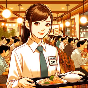 Japanese Woman Working in Family Restaurant: Illustration