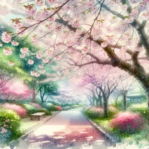 Tranquil Cherry Blossoms Watercolor Scene