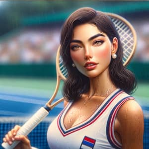 Detailed Painting of Beautiful Woman at Tennis Court