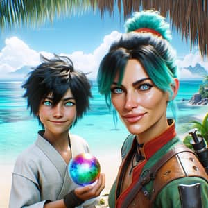 Retro-Future Fashion: Teal-haired Woman & Black-haired Boy at Tropical Beach