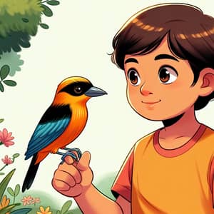 Young South Asian Boy with Tanager Bird | Fascinated Expression