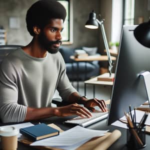 Modern Afro-American Man Working at Computer Desk