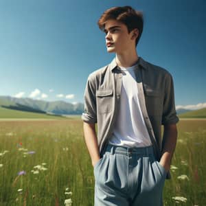 Young Boy Standing in Tranquil Green Field