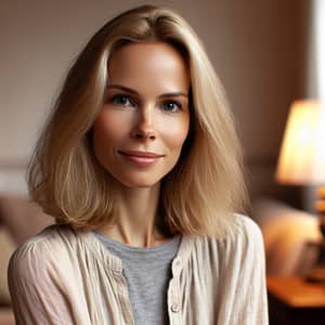 Casual Fair-Haired Woman in Warmly Lit Room