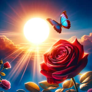 Crimson Rose with Sun and Butterfly in Blue Sky