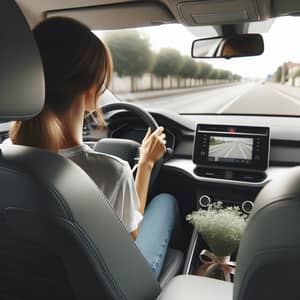 Caucasian Woman Driving Car with Bouquet on Dashboard