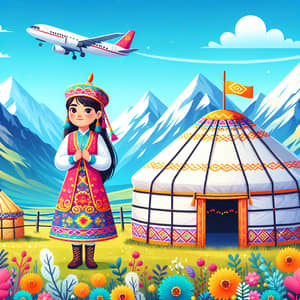 Traditional Kazakh Girl by Yurt with Majestic Mountains