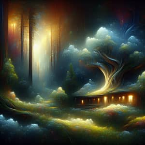 Mystical Forest with Ethereal Glowing Light and Organic Formed House