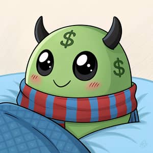 Cute Cartoon Green Creature: Wealthy & Playful