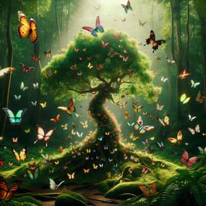 Magical Animated Tree with Butterflies in Forest