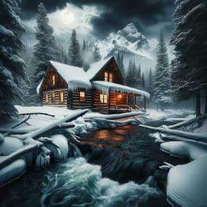 Rustic Log Cabin in Winter Storm | Creek View & Mountain Peak